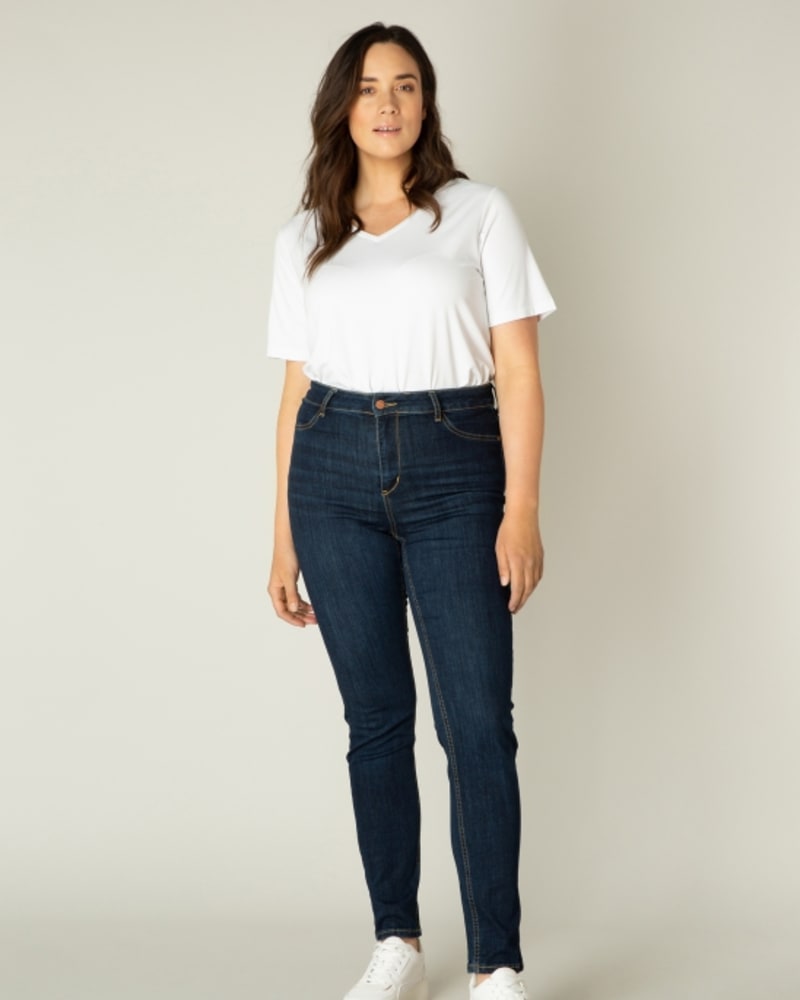 Front of a model wearing a size 2(50) Faya in Denim Blue by Base Level Curvy. | dia_product_style_image_id:253240